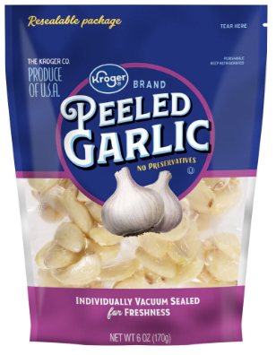 A bag of Kroger brand peeled garlic cloves