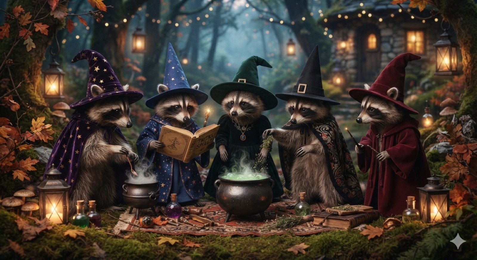 Five raccoons in wizard and witch robes gathered around bubbling cauldrons in a lantern-lit wood.