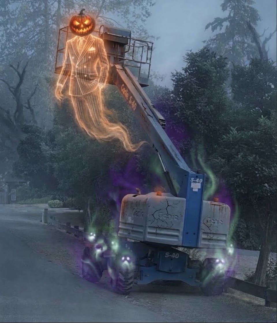 A glowing pumpkin-headed phantom in a pinstripe suit riding the basket of an abandoned Genie S-40 boom lift on a foggy road.