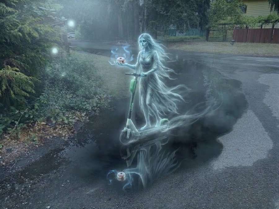 A translucent woman in a long gown standing on a green e-scooter atop a puddle, holding a jelly doughnut.
