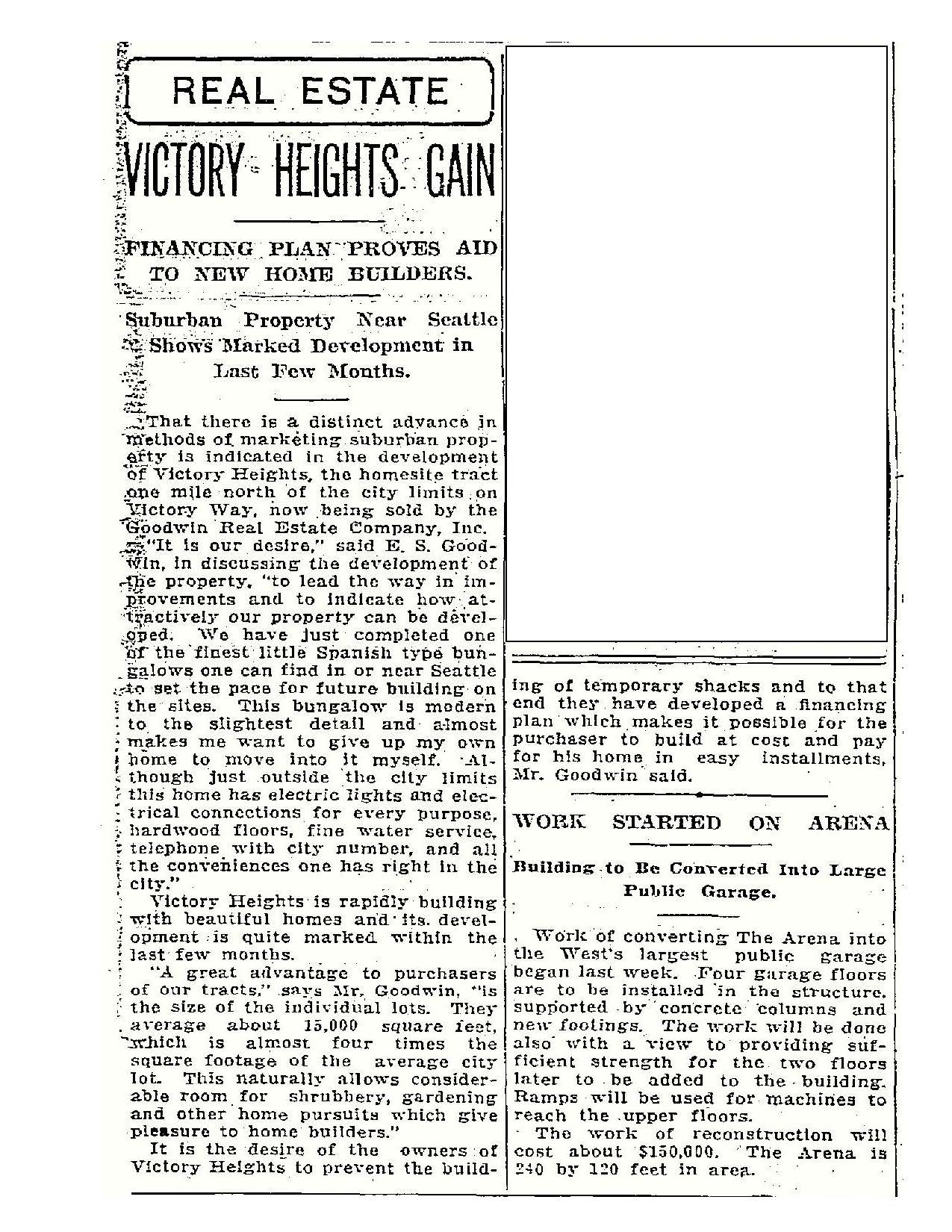 1924 newspaper clipping headlined 'Victory Heights' Gain' announcing the new real estate development.